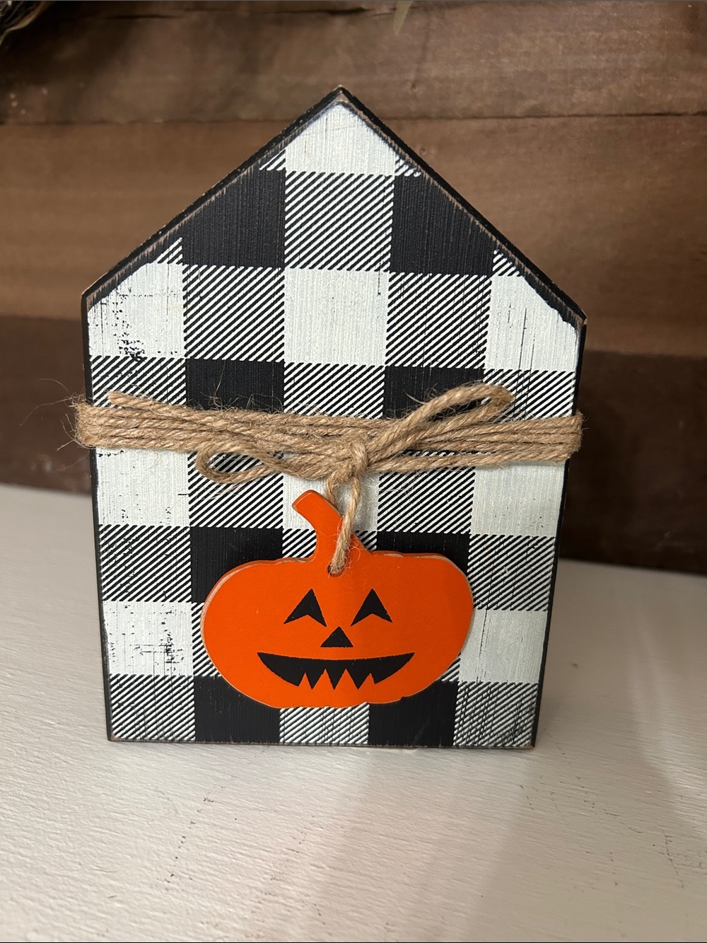 Halloween Buffalo Check Pumpkin House Sign - Orange & Black